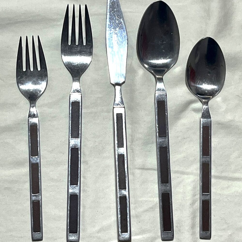 STANLEY ROBERTS SRB107 40PC Set Midcentury Mod Stainless Flatware Wood Inlay